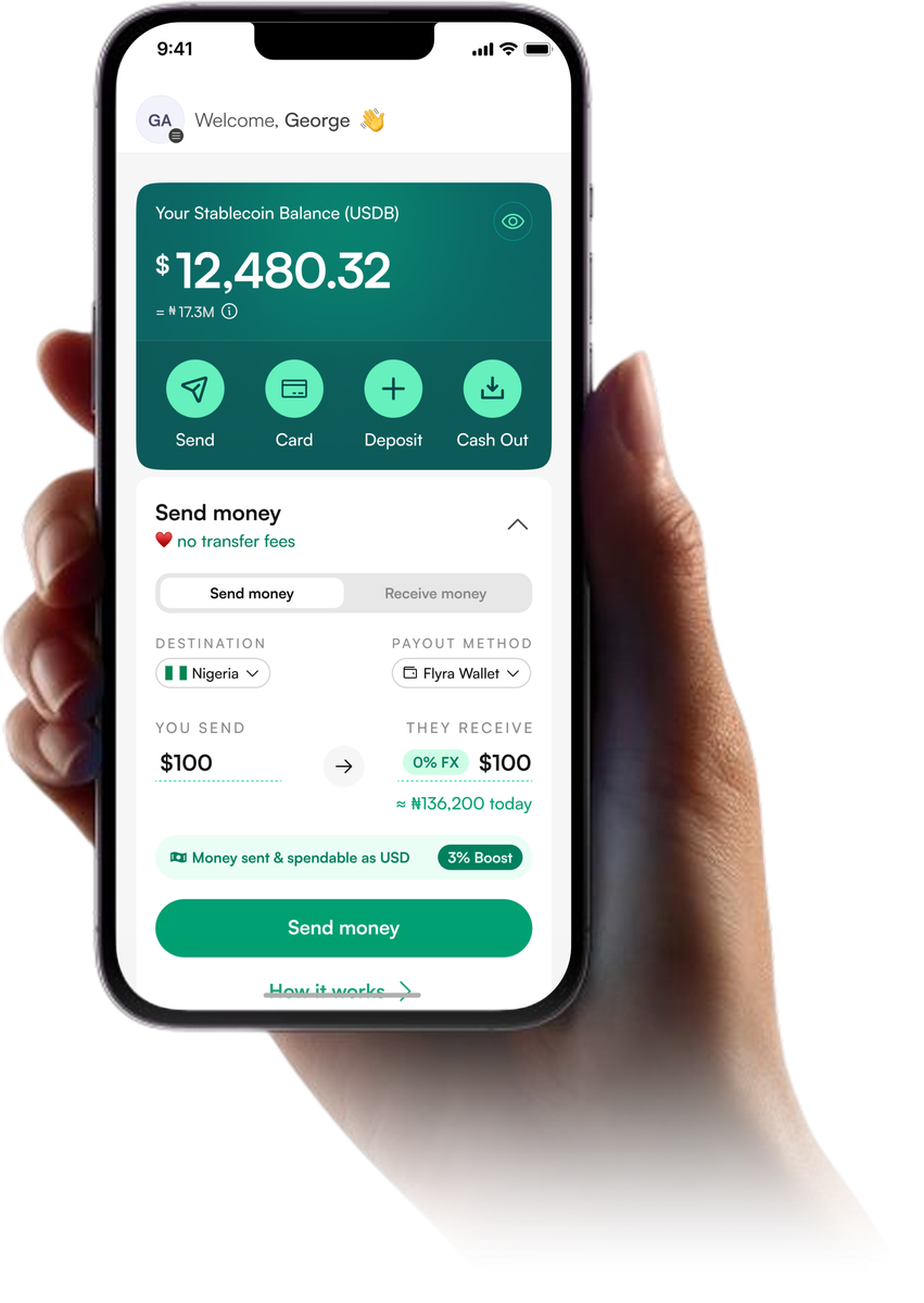 Flyra app on iPhone — USDB stablecoin balance